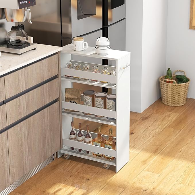 Giantex 4 Tier Rolling Slim Storage Cart, 8" Narrow Slide Out Kitchen Cart w/Handle & Open Shelves, Space-Saving Compact Mobile Utility Trolley for Small Space Laundry Room (White)