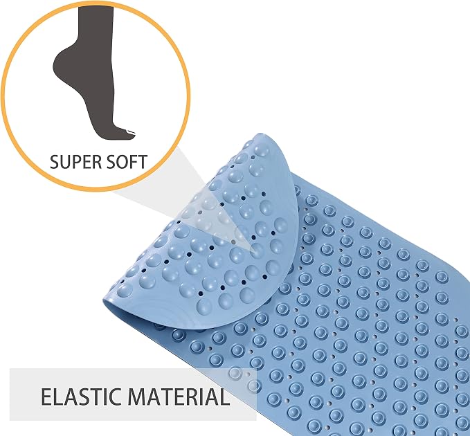 Bathtub Mat Non Slip TPE Bath Mat for Tub Bathroom Bath Tub Shower Mat for Kids Shower Floor Mat, Suction Cups Machine Washable Smooth/Non-Textured Tubs Only 35 x16 (Blue)