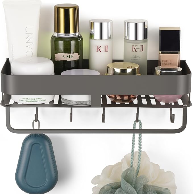 Adhesive Shower Caddy, 11.8 inch Stainless Steel Shower Shelves for Inside Shower with Hooks & Towel Bar-No Drilling(Gun Gray)