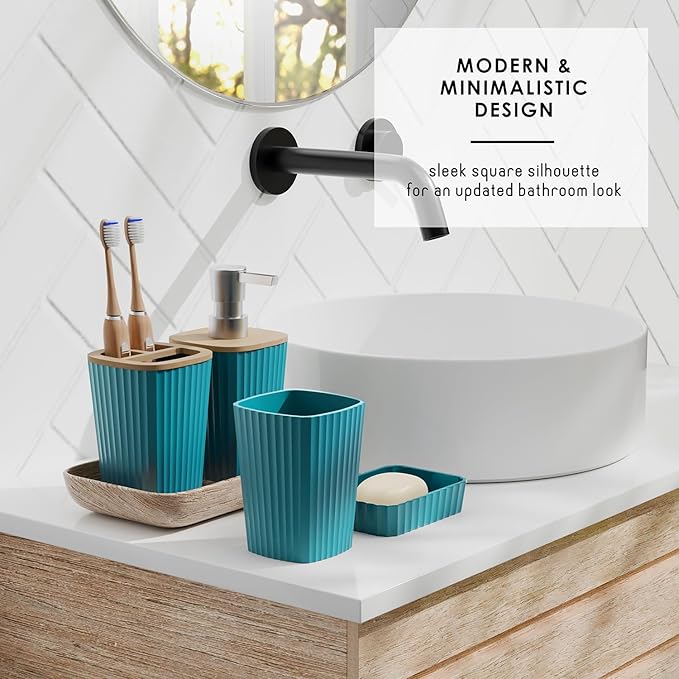 Clara Clark Bathroom Accessories Set - Bathroom Set, Bathroom Accessory Set, Shower Curtain Set, Toilet Brush, Trash Can & Soap Dispenser - Teal - 20PC