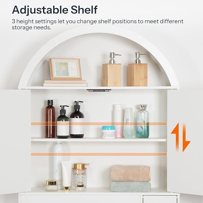 HOOBRO Over the Toilet Storage Cabinet, 67.7'' Tall Bathroom Organizer with Wave Doors, Arched Design with Adjustable Shelf, Toilet Paper Holder, Freestanding Cabinet for Narrow Space, White WT26TS01