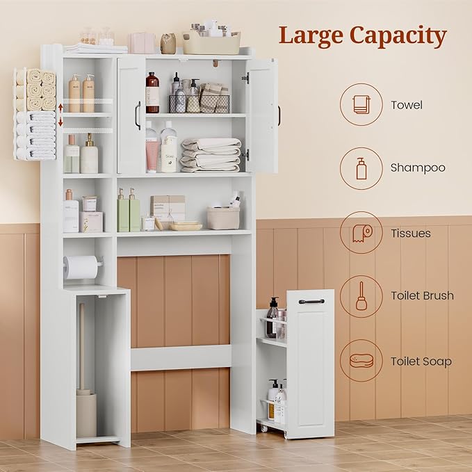 UPOSOJA Over The Toilet Storage Cabinet with Pulley Small Bathroom Storage Cabinet, Space Saver W/Adjustable Shelf & Towel Rack for Bathroom, Restroom, Laundry (White-Type B)