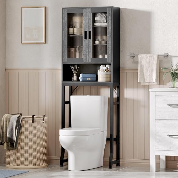 USHOWER Over The Toilet Storage Cabinet, Bathroom Organizers and Storage with Tempered Glass Doors, Thicken Metal Stand & MDF Wood Above Toilet Storage Cabinet, Freestanding Space Saver, Black