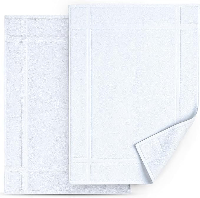 Pearl Linens Pack of 2 100% Cotton Bath Mat 18x25 inches, Soft & Absorbent Quick Dry Bathroom Mat Set, Not Bathroom Rugs, After Shower Mat, Bath Tub Mat, 781 GSM, Machine Washable, White