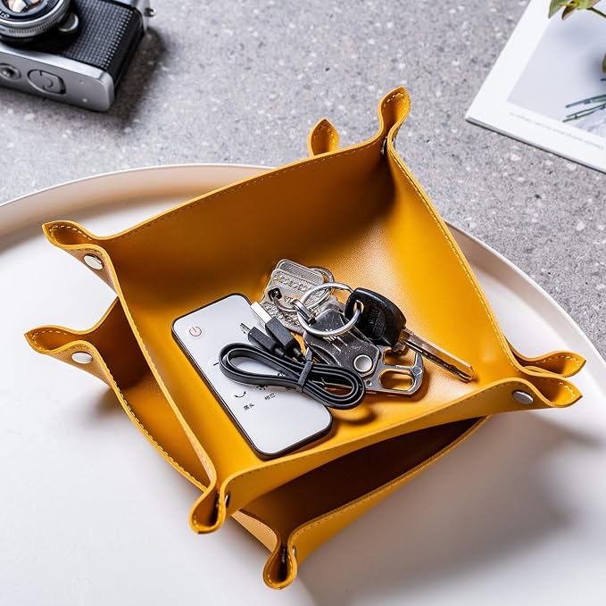 Leather Jewelry Valet Tray for Women and Man, Portable Entryway Table Tray Bedside Nightstand Desk Tray Small Catchall Travel Dish Plate for Key,Wallet,Watch,Coin (8x8, Yellow-B)
