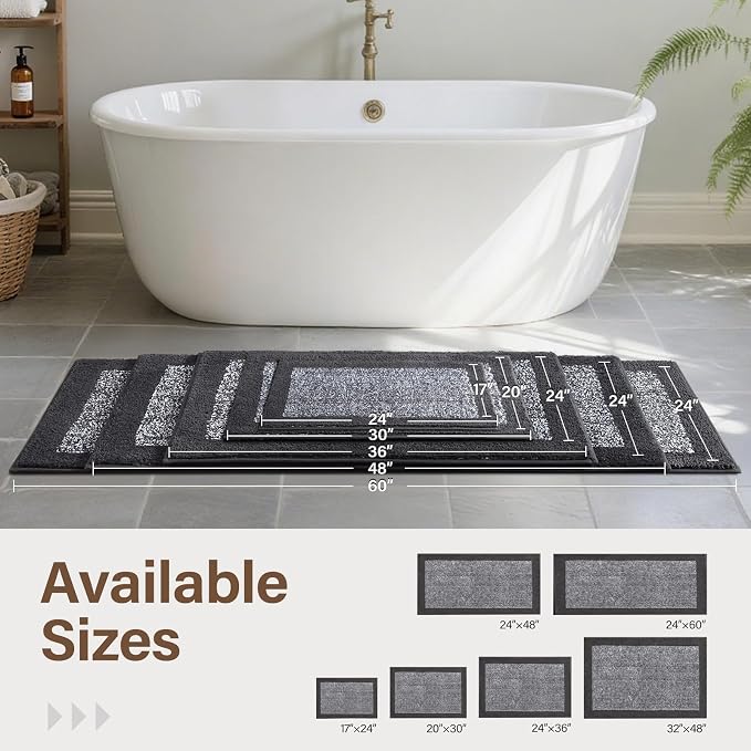 60x24 Long Bathroom Rugs Washable Non Slip, Dark Grey Bath Mat for Bathroom Floor Tub, Soft Absorbent Quick Dry Mats for Shower, Bathtub,Home Decor