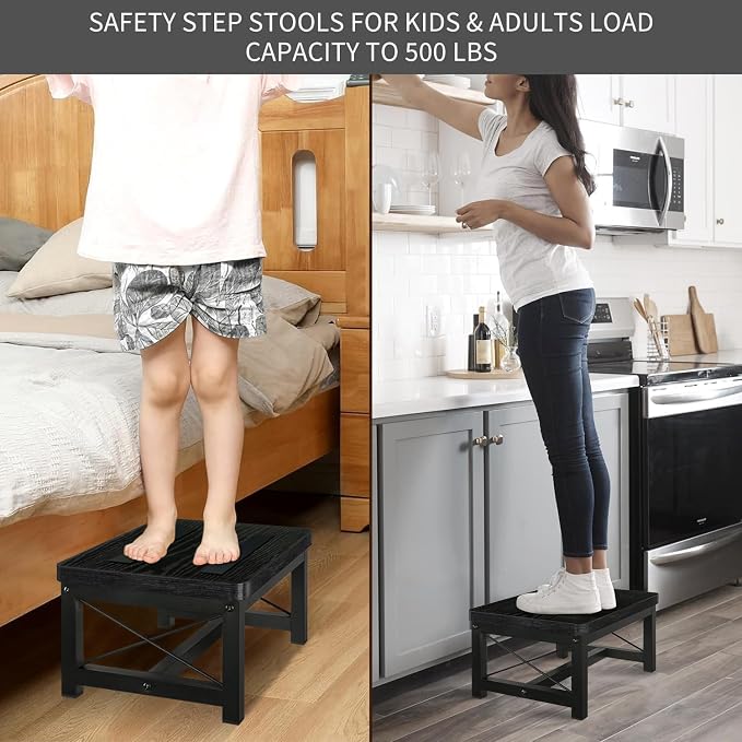 YINMIT Wooden Step Stool for Adults, Heavy Duty Step Stool with Non-Slip Feet, Bed Steps for High Beds for Adults, Wide Stepping Stool for Bedroom Kitchen, Hold Up to 500 LBS, Black