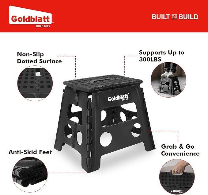 Goldblatt 12.5" Folding Step Stool 1-Pack for Adults and Kids, Lightweight Heavy-Duty Plastic Portable Foldable Stool with Non-Slip Top and Anti-Skid Feet, 300 lbs Capacity, Kitchen & Bathroom, Black