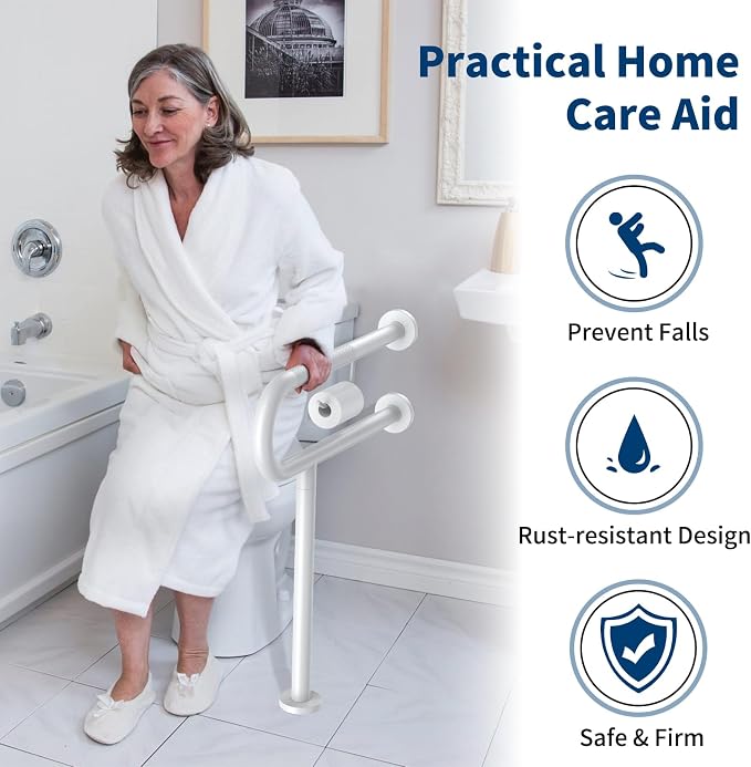 Toilet Grab Bar with Leg 24x28 Inch, ZUEXT White Knurled Toilet Support Bar with Toilet Paper Holder, Stainless Steel Wall & Floor Mounted Bathroom Support Rail for Seniors Elderly Disabled Pregnant