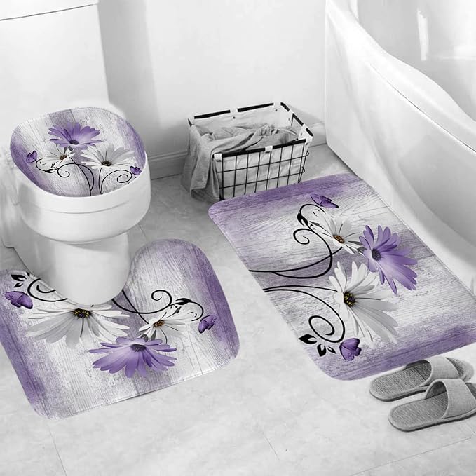 Onalasyc 4PCS Purple Daisy Flowers Plants Shower Curtain Set,Shower Curtain and Carpet and Accessories,Waterproof Bathroom Shower Curtain Decorative Set, with 12 pcs Hooks,71 x 71in