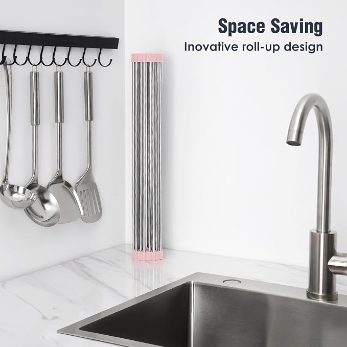 Tomorotec 17.7" x 12.5" Roll Up Dish Drying Rack Over Sink Drying Rack Sink Cover Kitchen Sink Accessories Gadget Multipurpose Organizer Foldable Stainless Steel Drainer