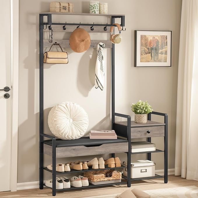 HOOBRO Hall Tree with Bench, Shoe and Coat Rack for Entryway, Coat Rack with Bench, Flip Top Storage Box, PU Cushioned Seat, Non-Woven Fabric Drawer, for Entrance, Greige and Black BG110MT01