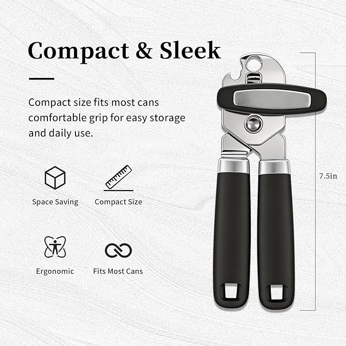 Can Opener Manual, Hand Heavy Duty Stainless Steel Bottle Opener Comfortable Handle, Sharp Blade Smooth Edge, Multifunctional Kitchen Tool, Black