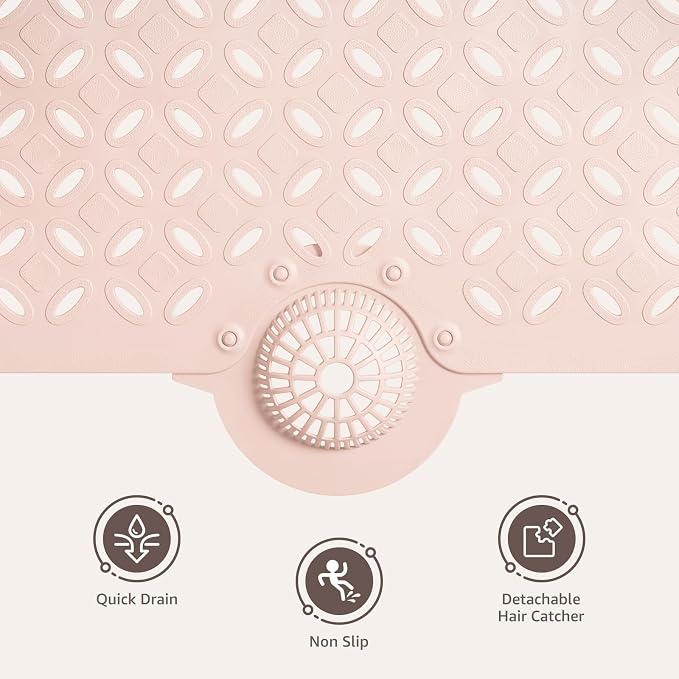 OTHWAY Bath Mat for Tub Non Slip: 39" X 17" Long Bathtub Mat with Hair Catcher│Big Drain Holes Shower Mats for Inside Shower│Machine Washable (Pink)