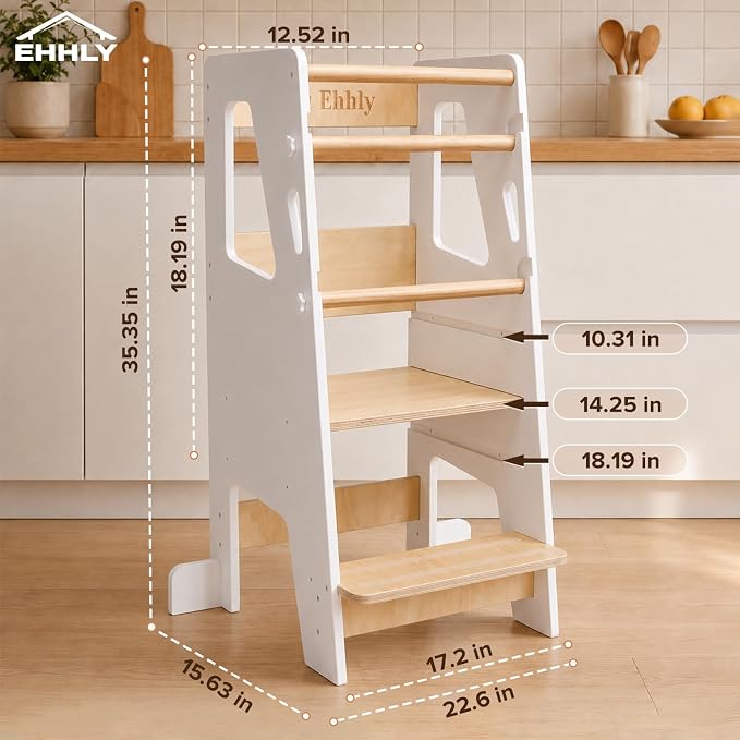 EHHLY Toddler Standing Tower Kitchen Helper – Extra Safe Adjustable 3-Level Learning Tower, Stable Wooden Toddler Kitchen Stool and Step Stool for Independent Learning (White)