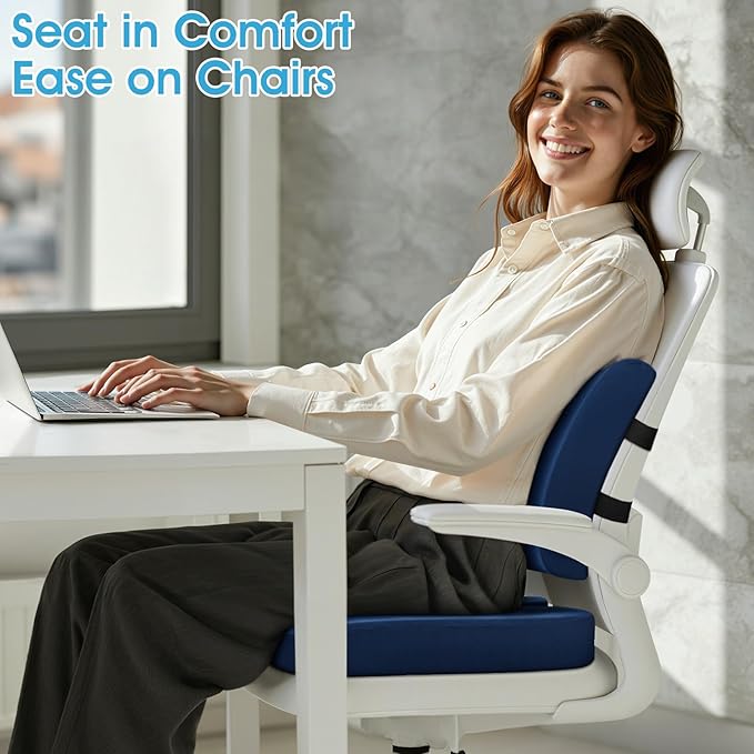 CushZone Seat Cushion, Lumbar Support Pillow with Adjustable Strap-Chair Cushions for Sciatica Pain Relief-with Washable Cover Memory Foam for Car, Travel and Wheelchair-Blue