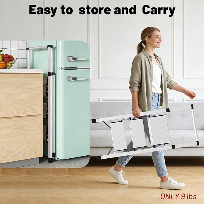 3 Step Ladder Aluminum Lightweight Folding Step Stool, 600lbs Max Load Heavy Duty Step Stool with Safety Handrail, Slim Foldable Kitchen Stool with Anti-Slip Pedal for Home Sliver，3 Steps