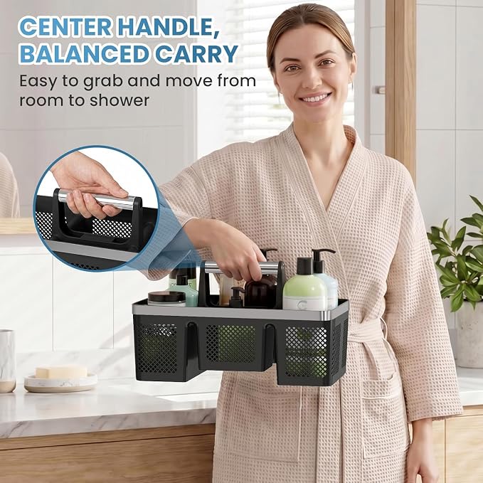 BYUNER Plastic Shower Caddy Dorm: Portable Cleaning & Shower Caddy with Handle, 4 Divided Compartments, All-Side Drainage, Rigid Plastic Basket Tote for College Dorm & Bathroom Use, Black/Silver