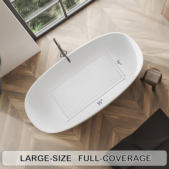 Non-Slip Bathtub and Shower Mats, Power Grip Bath Mat 35 x 16.3 Inch with Suction Cups and Drain Holes for Tub Bathroom Floor Safety, Machine Washable Soft Bathmat, Clear