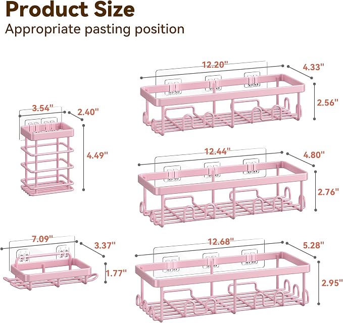 YASONIC Shower Caddy Adhesive, 100% Rustproof Shower Organizer with Soap and Toothbrush Holder, Large Capacity Shower Shelves for Inside Shower, No Drill Shower Storage for Home (5 Pack Pink)