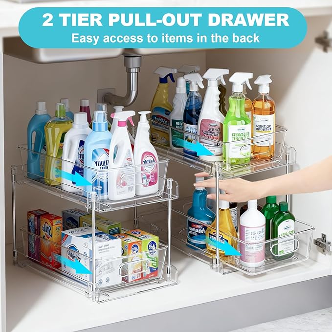 2 Tier Under Sink Organizer Bathroom Organizers and Storage, Clear Stackable Bathroom Cabinet Organizer, Multipurpose Pull-Out Home Organizer for Kitchen and Pantry Storage 2 Pack
