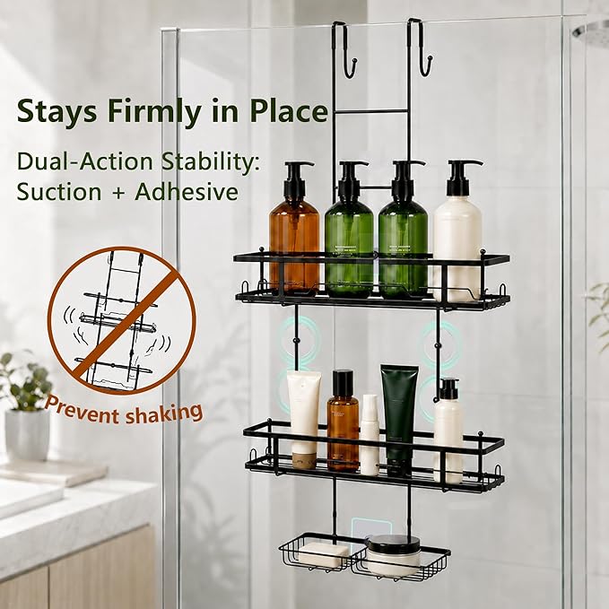 OMAIRA Over The Door Shower Caddy Hanging, 3-Tier Shower Organizer Hanging with 8 Hooks & Soap Holder, Height-Adjustable Rustproof Bathroom Shelf for Shower Door, No Drilling Storage Rack, Black