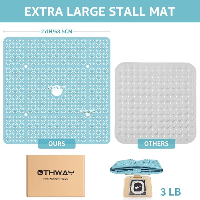 OTHWAY Square Shower Mat, 27"x 27" Extra Large Shower Mats for Inside Shower, TPE Anti Slip Shower mat with Suction Cups Drain Holes, Machine Washable Shower Floor Mat (Blue)