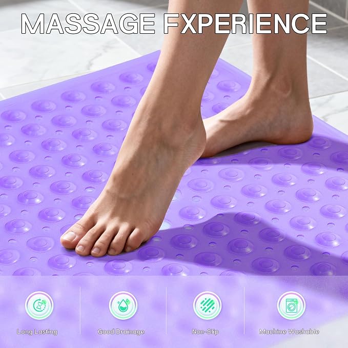 Anti-Slip Bathtub Shower mat, 21×21（ 53×53cm） inch Soft Oversized Machine Washable Non-Slip Bathtub mat with Drainage Holes, Bathroom Floor Suction Cup.（1- Clear Purple）