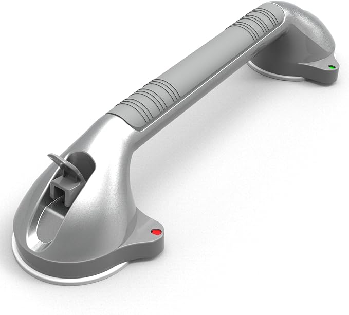 17-inch Suction Shower Grab Bar with Indicators, Tool-Free Installation, Steady Handle for Balance Assist for Bathtub,Bathroom,Toilet, Dual Tone Silver/Grey