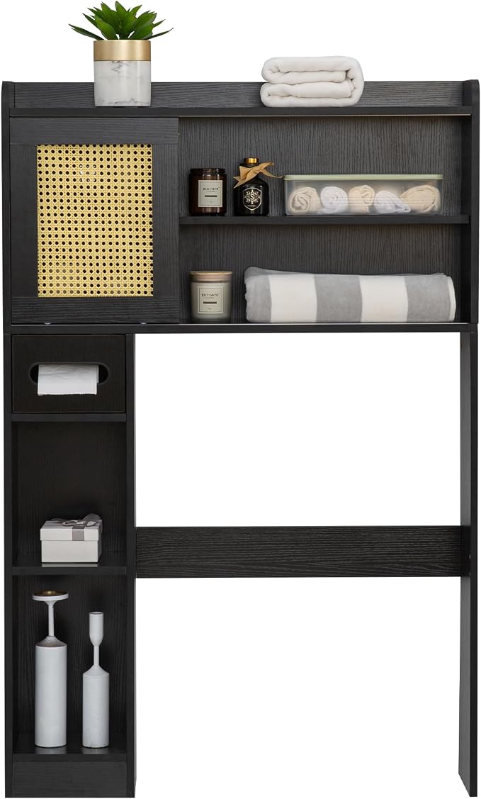 SUNTAGE 6Tier Over The Toilet Storage Cabinet, Freestanding Above Toilet Space Saver Rack w/Adjustable Shelves, Sliding Door, Multifunctional Over Toilet Organizer for Bathroom (Black)
