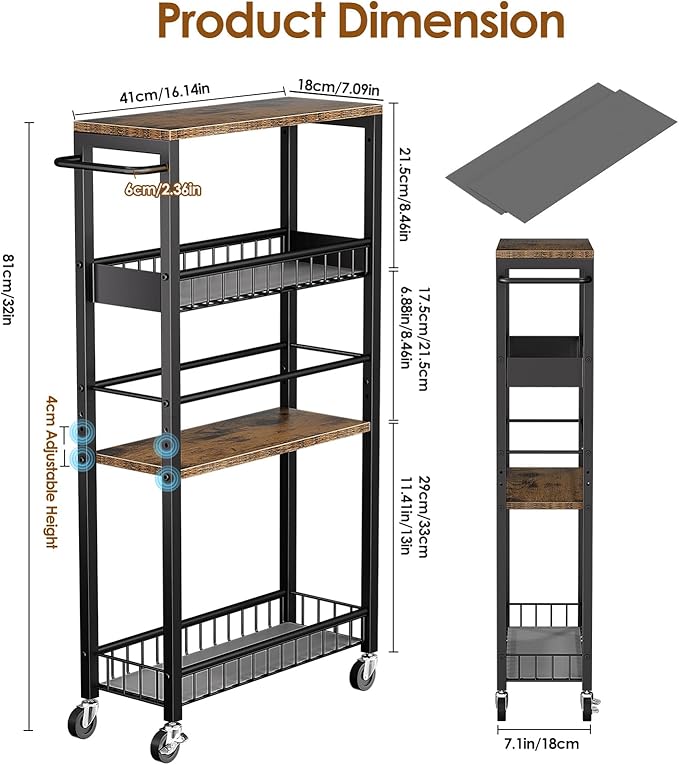 Slim Storage Rolling Cart, 4 Tier Narrow Cart with Wheels, Metal Kitchen Rolling Cart for Small Spaces, Slide Out Storage Shelves for Kitchen, Laundry Room, Bathroom, Living Room, 7.1in(W)
