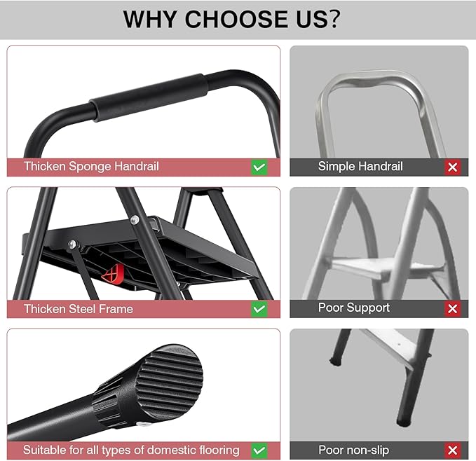 TOOLF 3 Step Ladder, Folding Step Stool with Anti-Slip Wide Pedals & Handrail, Safe-Lock Design, Portable Sturdy Steel Ladder Stool for Home & Kitchen – Black
