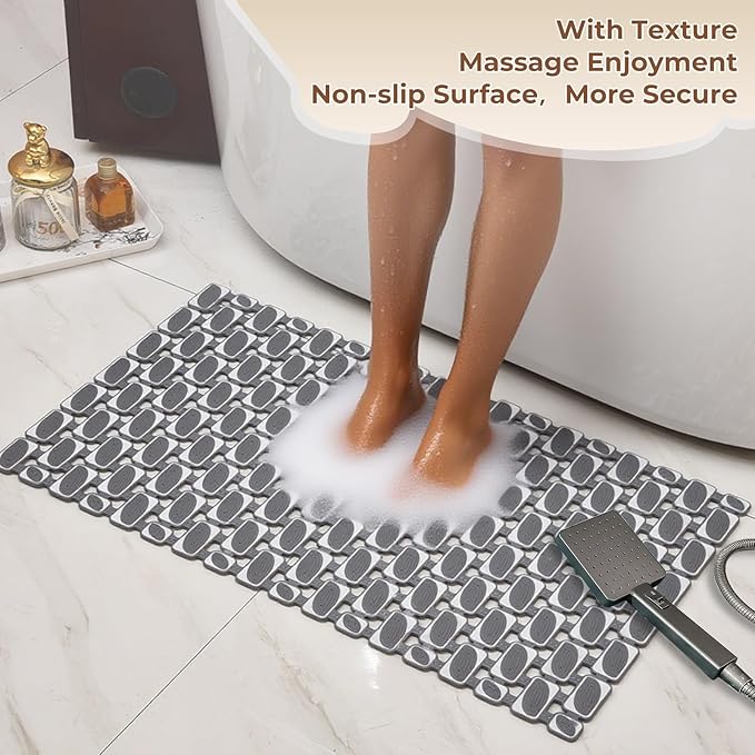 Bathtub Mat Non Slip for Bathroom with Suction Cups and Drain Holes 35.4 * 15.7 Grey Shower Mat for Inside Shower, Quick Dry Bath Mat for Kids Seniors Pregnants Adults, Easy to Cut, Easy Dry