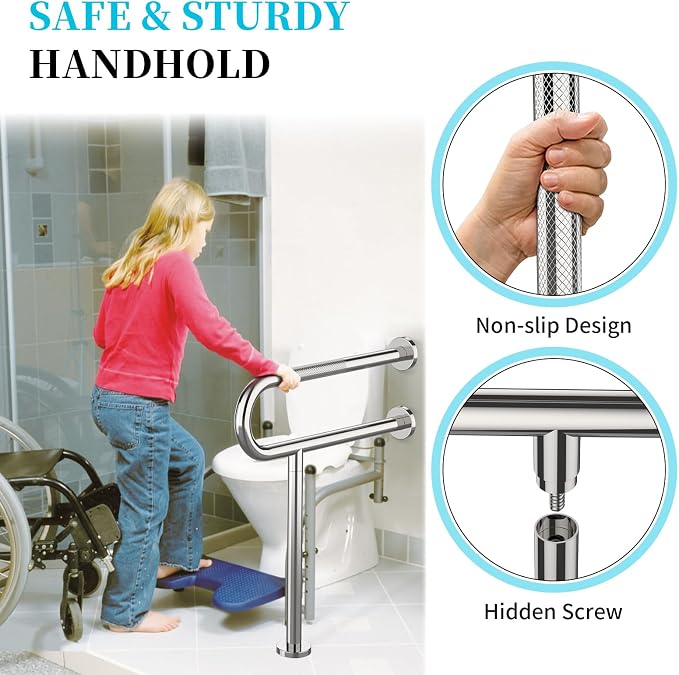 Toilet Support Rail 24X 28 Inch, Munzong Anti-Slip Chrome Handicap Grab Bar for Bathroom, Stainless Steel Knurled Safety handrails with Leg for Elderly Disabled Pregnant-1.25’Tube