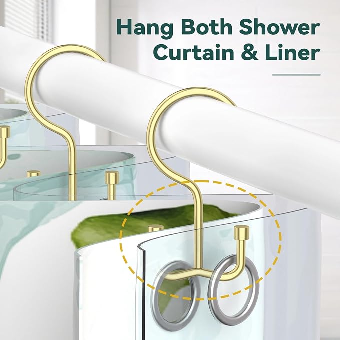 Goowin Shower Curtain Hooks, Shower Curtain Rings, Durable Gold Shower Curtain Hangers, Smooth Glide Double Hook Shower Curtain Hooks, Simple Shower Hooks for Shower Curtain, Gold, 12 Pack-Cylinders