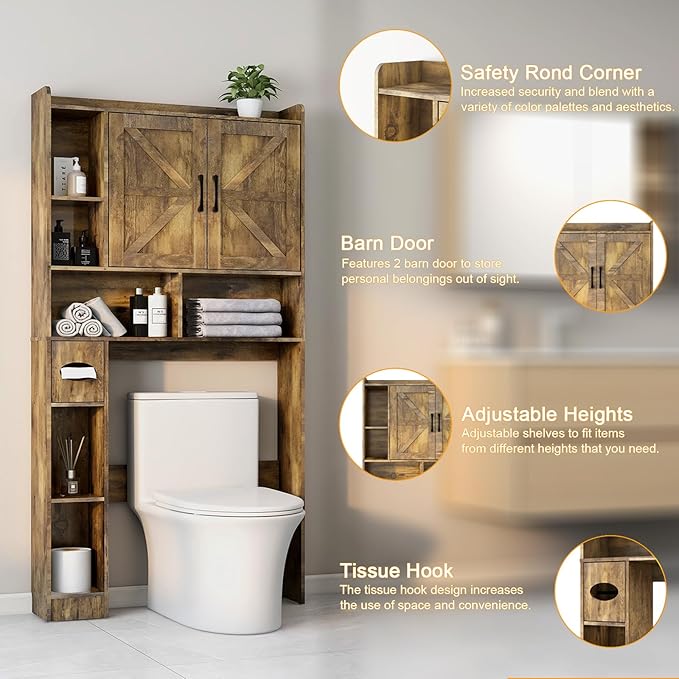 Vabches Over The Toilet Storage Cabinet, Farmhouse Storage Cabinet Over Toilet with 2 Barn Doors & Toilet Paper Holder Stand，Home Space-Saving Toilet Rack, for Bathroom, Restroom, Laundry.