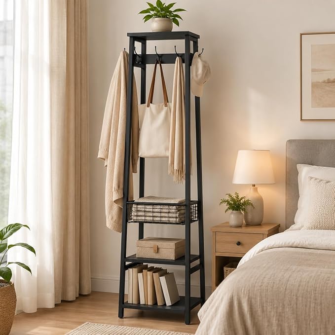 Coat Rack Freestanding, Coat Stand with Metal Basket and Storage Shelves, Hall Tree Free Standing with and 7 Hooks, Clothes Rack Stand Organizer, Black
