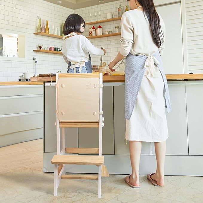Kitchen Step Stool for Toddlers with Non-Slip Mat, WOOD CITY Wooden Kids Montessori Learning Stool Tower, Toddler Standing Tower Helper for Kitchen Counter and Bathroom Sink(White-Natural-Adjustable)