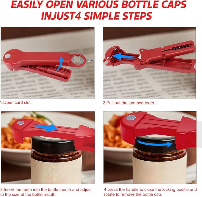 Jar Opener for Seniors with Arthritis, 7 in 1 Bottle Opener and Wine Corkscrew, Easy Grip Kitchen Gadget for Weak Hands Elderly, Retractable Jaw Lid Opener with Magnetic Storage (Red)