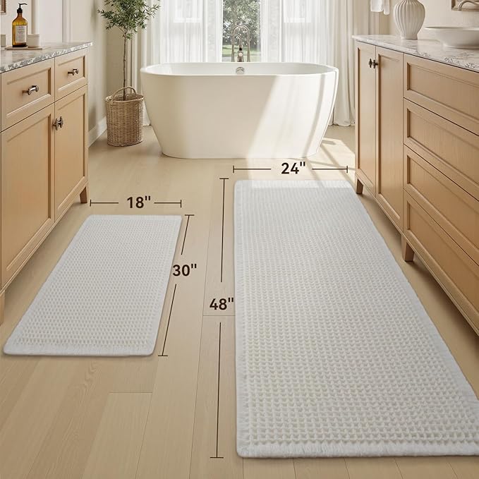 Upgraded Waffle Bath Mat Set of 2, Super Absorbent Non Slip Bath Mats for Bathroom Floor, Washable Boho Bathroom Rugs Set 2 Pieces with Tassels, Soft Bathroom Mat Set, White, 18" x 30" Plus 24" x 48"