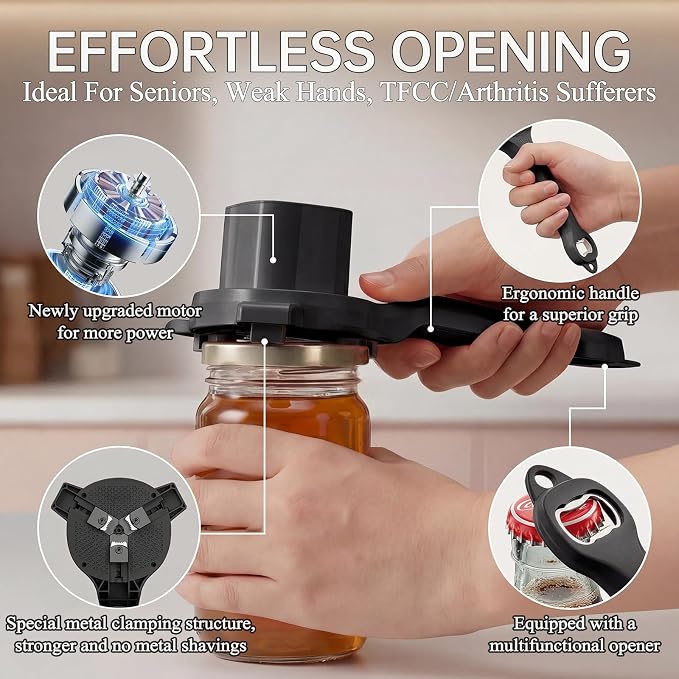 Electric Jar Opener for Seniors with Arthritis, TFCC & Weak Hands, Patented Power-Grip Auto-Tighten Manual Lid Opener, Rechargeable 2-in-1 Jar & Bottle Opener with Storage Hook & Non-Slip Pad(Black)