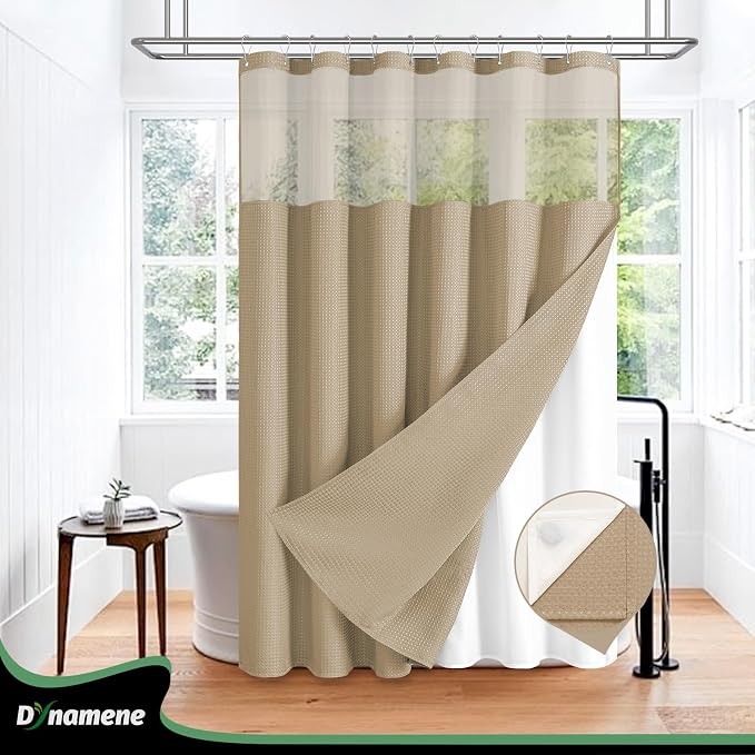 Dynamene 78 Inch Long Shower Curtain, Tall Waffle Fabric Shower Curtains for Bathroom, Hotel Waterproof Cloth Shower Curtain Liner Set with Hooks, Snap in Liner, Mesh Top Window, Beige, 72x78
