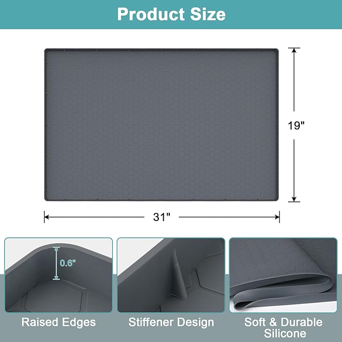 Under Sink Mats for Kitchen Waterproof 31" x 19", Silicone Under Kitchen Sink Mat for Bottom of Sink, Under The Sink Organizer for Kitchen and Bathroom Gray