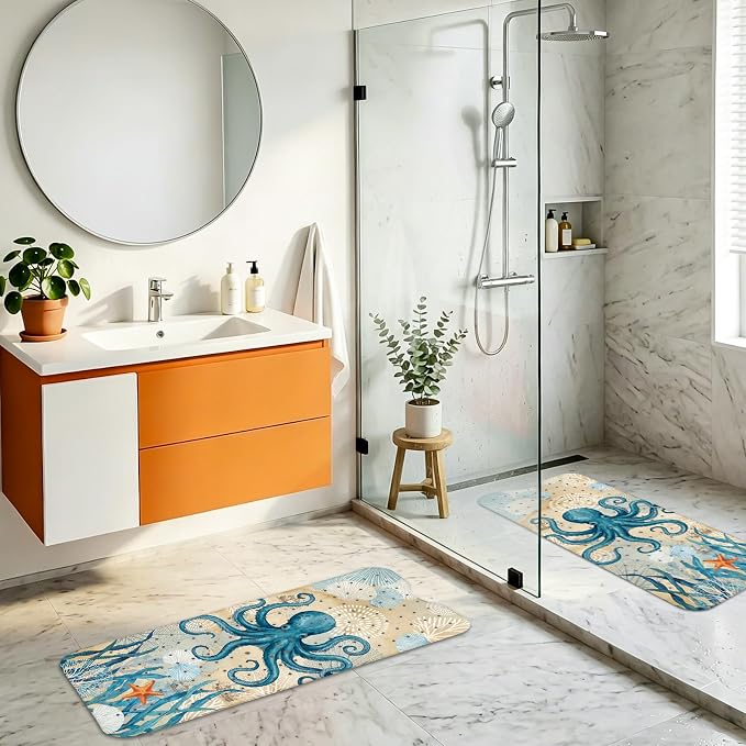 Bath Mat for Tub, Nautical Octopus Bathtub Mats, Machine Washable, Non Slip Shower Mat with Suction Cups and Drain Holes for Adults Kids, Vintage Coastal Tub Mats Gift for Nautical Lovers Bath Decor