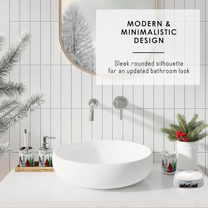 Clara Clark Bathroom Accessories Set - Christmas Bathroom Set with Adhesive Corner Shower Caddy Hanging, 24PC Bathroom Accessory Set, Christmas Shower Curtain Set with Toilet Brush and Trash Can