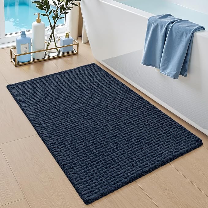 DEXI Bathroom Rugs 24x16, Non Slip Washable Bath Mat, Absorbent Chenille Bathmat, Ultra Soft Thick Carpet for Tub Shower Floor, Navy
