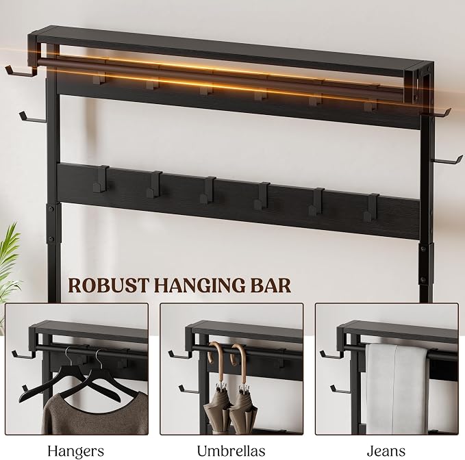 Lulive Hall Tree with Bench and Shoe Storage, 39.4” Entryway Bench with Coat Rack freestanding, 5 in 1 Entryway Furniture Organizer Large Coat and Shoe Rack with 21 Hooks and Drawers, Black