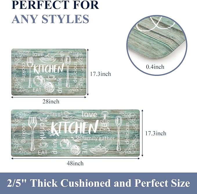 HEBE Kitchen Rugs Set of 2, Cushioned Anti Fatigue Kitchen Mats for Floor, Non Slip Waterproof Comfort Standing Desk Mat Carpet for Sink, Stove, Laundry Room