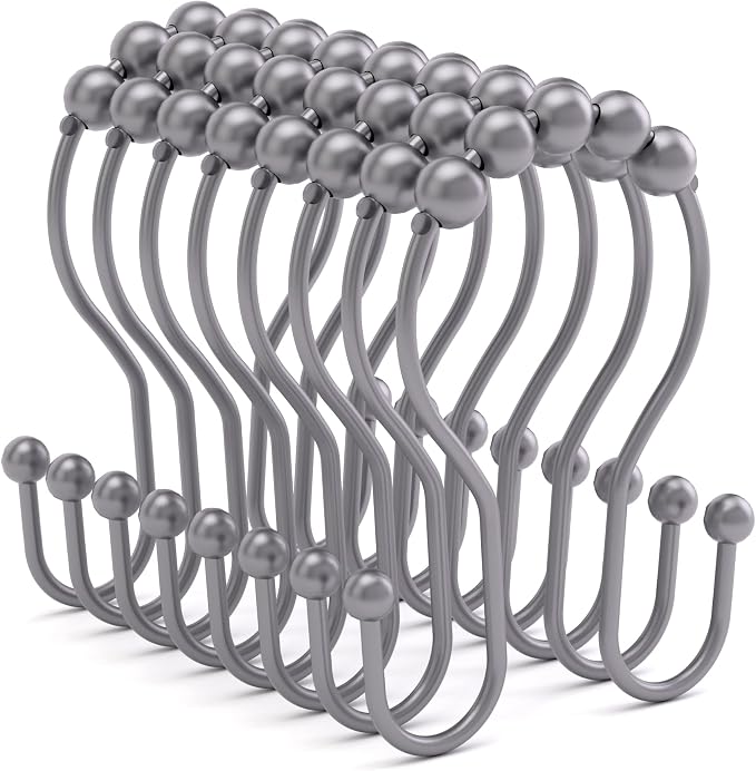 Bathway Shower Curtain Hooks, Shower Curtain Rings Rust Proof Double Hook Shower Curtain Hooks, 12 Pcs Grey Shower Hooks for Shower Curtain, Shower Rings for Curtain, Metal Shower Rod Hooks