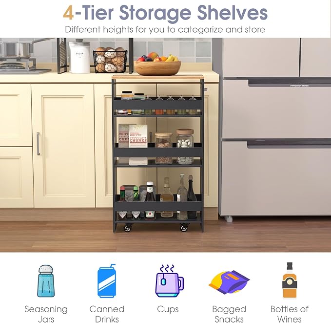 Giantex 4 Tier Rolling Slim Storage Cart, 8" Narrow Slide Out Kitchen Cart w/Handle & Open Shelves, Space-Saving Compact Mobile Utility Trolley for Small Space Laundry Room (Black & Natural)